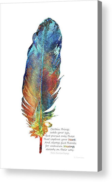 Feather Acrylic Print featuring the painting Heart Blessings - Native American Colorful Feather Art - Sharon Cummings by Sharon Cummings