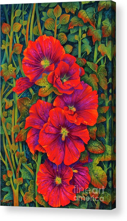 Flowers Acrylic Print featuring the painting Hollyhocks - 3D by Ricardo Chavez-Mendez