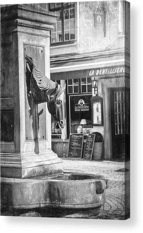 Bruges Acrylic Print featuring the photograph Horse Head Drinking Fountain Bruges Historic Old Town Black and White by Carol Japp