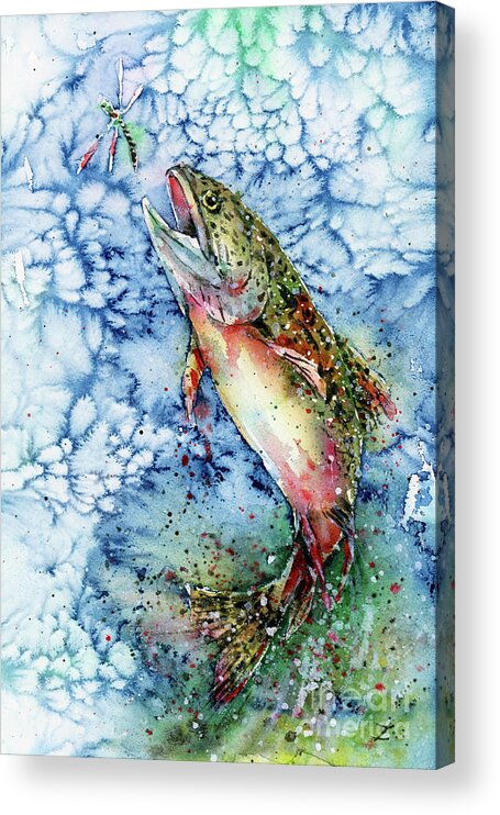 Trout Acrylic Print featuring the painting Hunting for Dragonfly by Zaira Dzhaubaeva