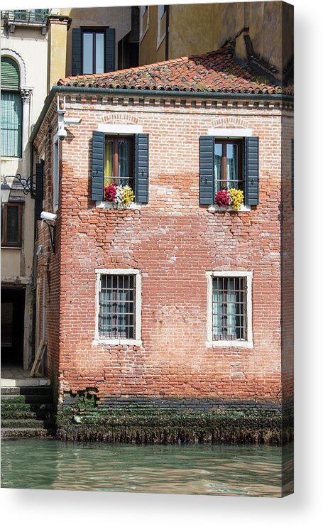 Canal Acrylic Print featuring the photograph Italy Canal with Flowers on Balcony by John McGraw