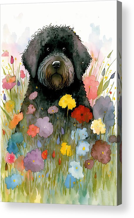 Labradoodle Acrylic Print featuring the digital art Labradoodle in a flower field 2 by Debbie Brown