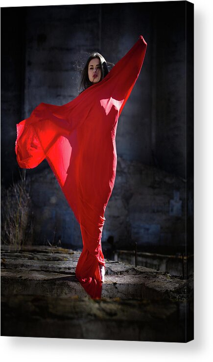 Russian Artist New Wave Acrylic Print featuring the photograph Lady in Red in Desolate Place 8 by Vitaly Vachrushev
