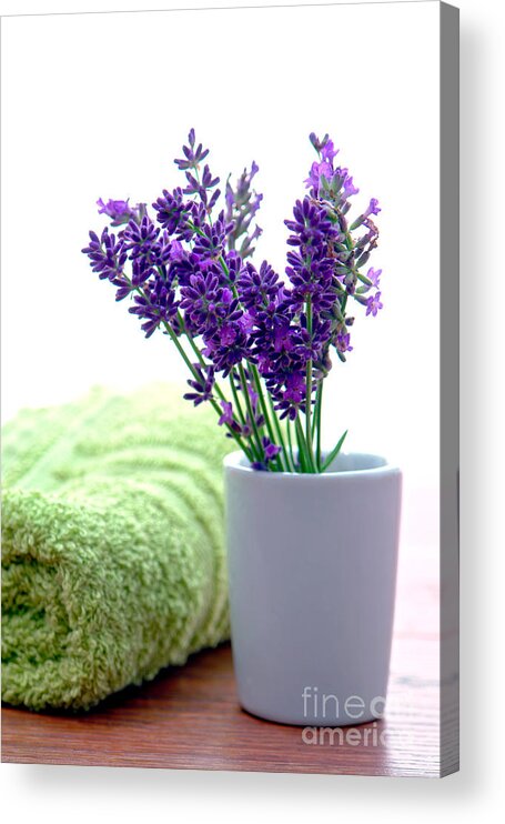 Aromatherapy Acrylic Print featuring the photograph Lavender Flowers and Bath Towel in a Spa by Olivier Le Queinec
