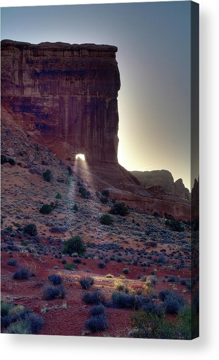  Park Avenue Acrylic Print featuring the photograph Let your Light Shine Through - Sun beaming through portal in Sheep Rock at Arches National Park by Peter Herman