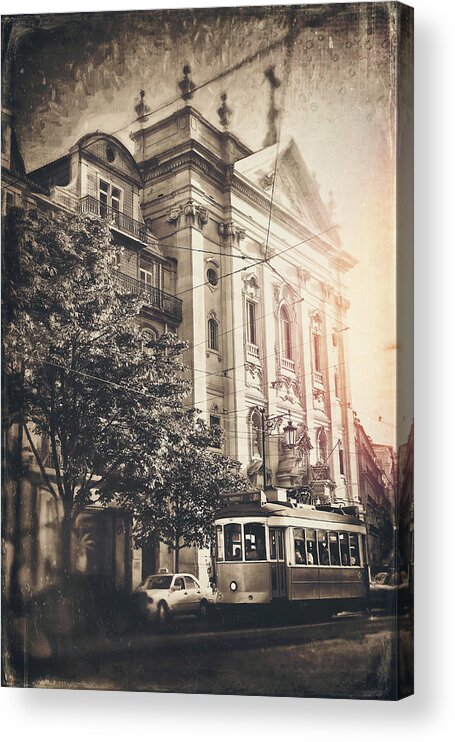 Lisbon Acrylic Print featuring the photograph Lisbon City Tram 28 Vintage Sepia by Carol Japp