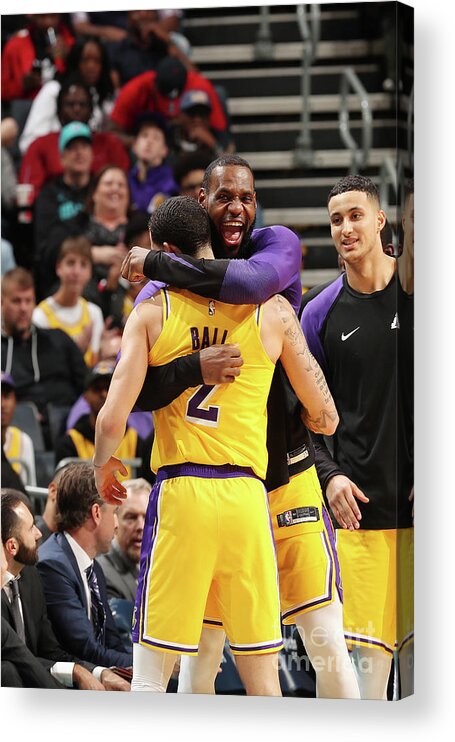 Nba Pro Basketball Acrylic Print featuring the photograph Lonzo Ball and Lebron James by Kent Smith