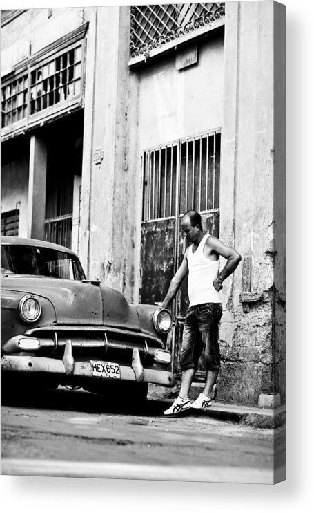 Scenics Acrylic Print featuring the photograph Man leaning on oldtimer car by Merten Snijders