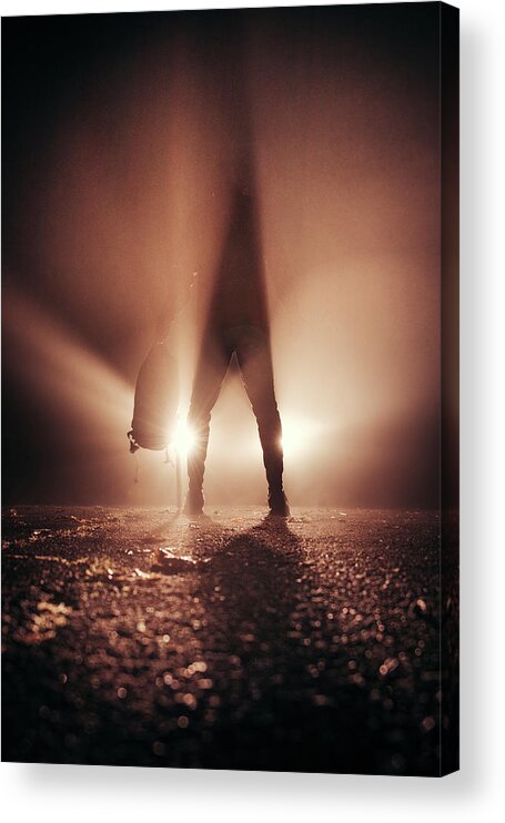 Figure Acrylic Print featuring the photograph Man stands in car lights by Vaclav Sonnek