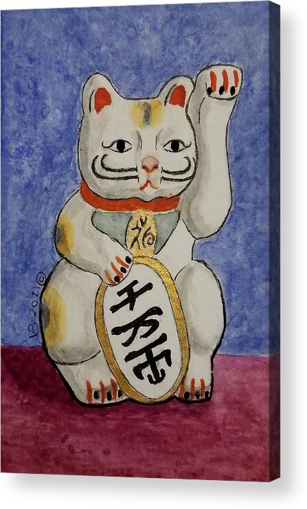 Japanese Cat Acrylic Print featuring the painting Maneki Neko Beckoning Cat by Vera Smith