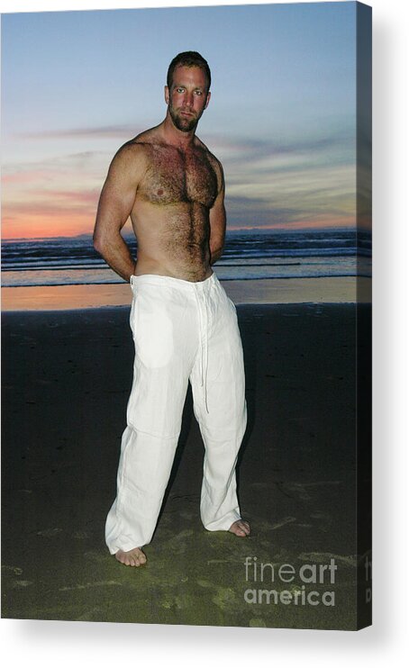 Masculine hairy chested man stands on the beach at sunset Acrylic Print by Gunther  Allen - Pixels