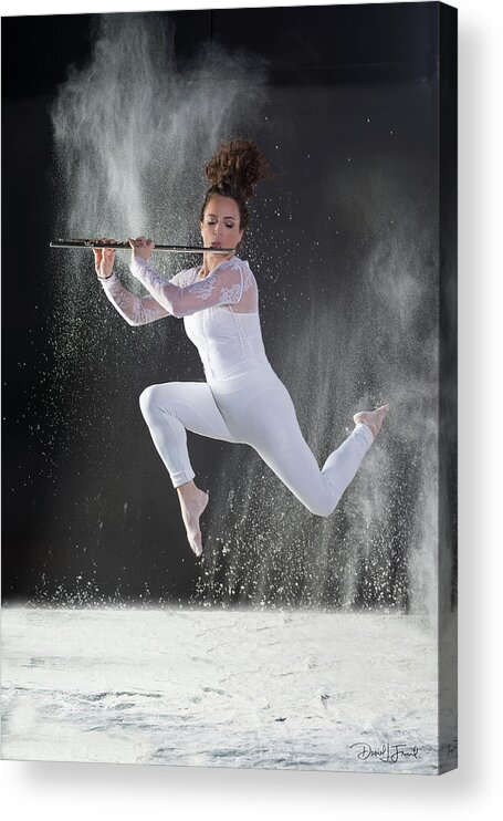 Nina Assimakopoulos Acrylic Print featuring the photograph Model playing flute surrounded by white flour by Dan Friend