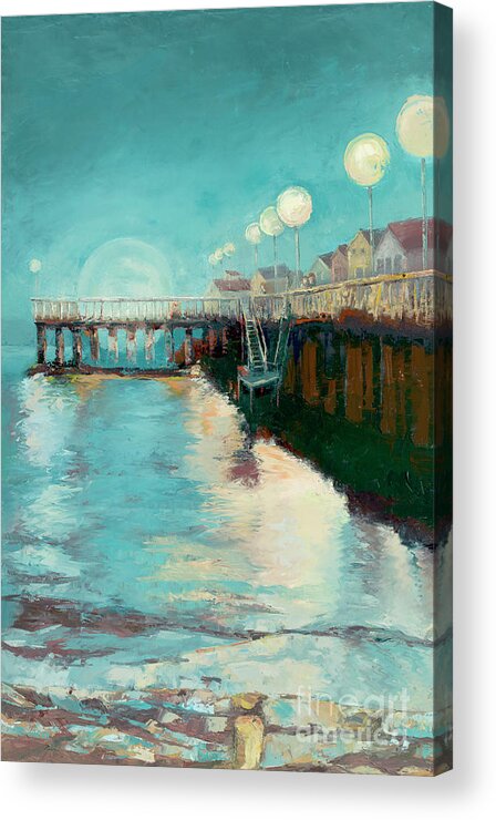 Santa Cruz Acrylic Print featuring the painting Moon Over Santa Cruz Wharf by PJ Kirk