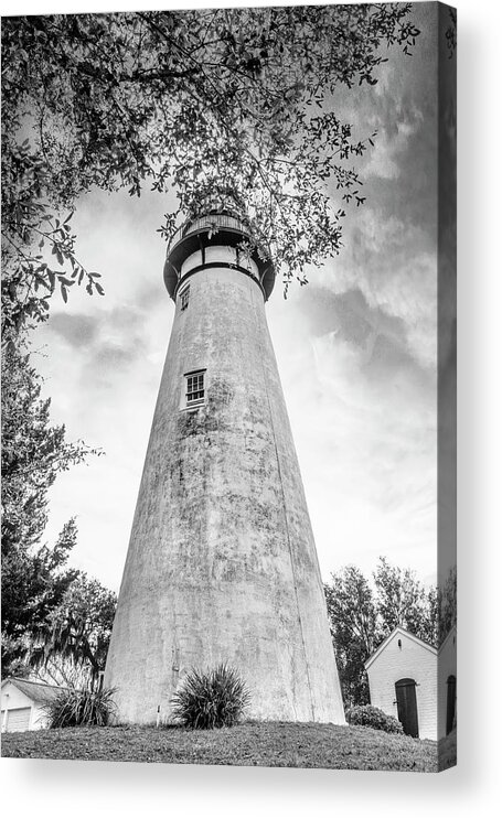 Black Acrylic Print featuring the photograph Mossy Trees around the Amelia Island Lighthouse Black and White by Debra and Dave Vanderlaan