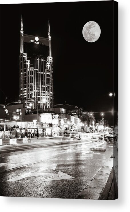 Nashville Skyline Acrylic Print featuring the photograph Nashville Supermoon From Lower Broadway in Sepia by Gregory Ballos