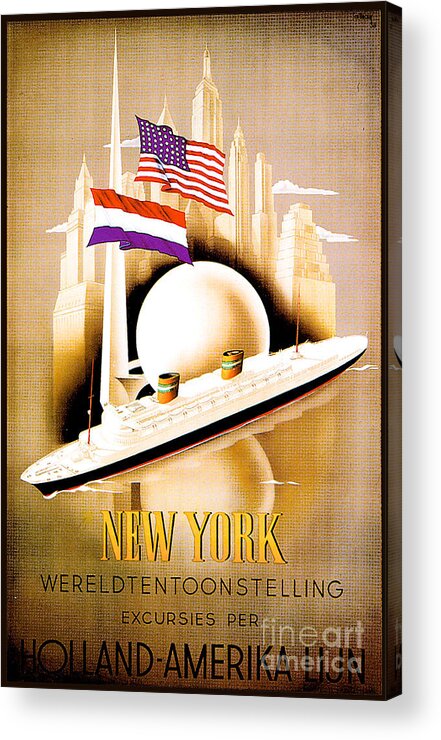 New York Acrylic Print featuring the painting New York Wereldtentoonstelling excursies per Holland Amerika Lijn Poster 1938 by Unknown