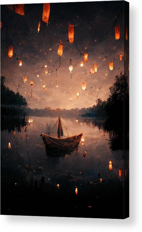 Boat Acrylic Print featuring the digital art Night Lights by Nickleen Mosher