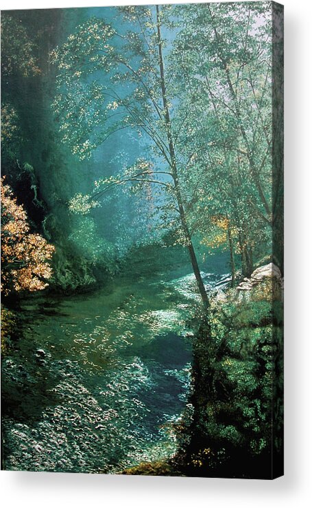 #peacfull #qiiet #forest #river #summertime #color #food #landscape #withriver #fineart #prints #crisp #air #cleanses #soul #bear #north #carolina #great Acrylic Print featuring the painting North Carolina Serenity by June Pauline Zent