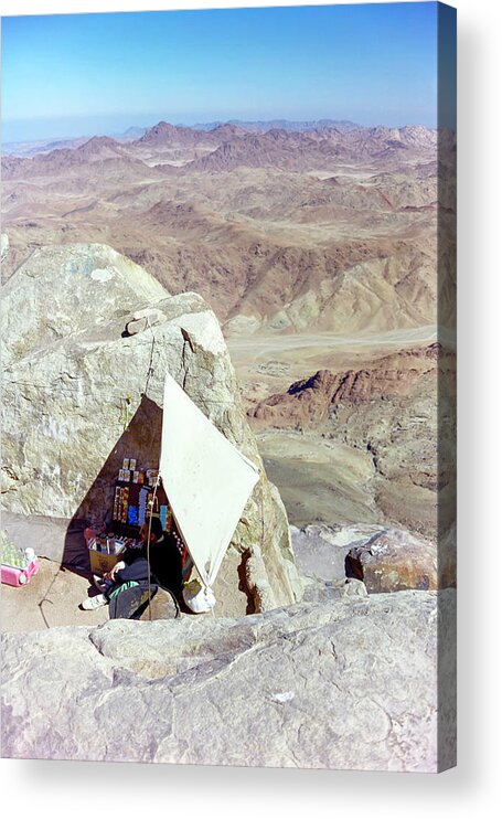 Jabal Musa Acrylic Print featuring the photograph only lonely vendor top of Mount Sinai by Paul Vitko