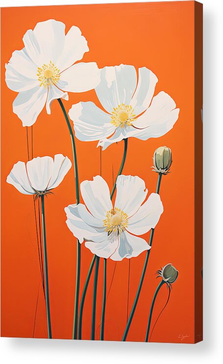 Turquoise And Orange Acrylic Print featuring the painting Orange and White Floral Artwork by Lourry Legarde