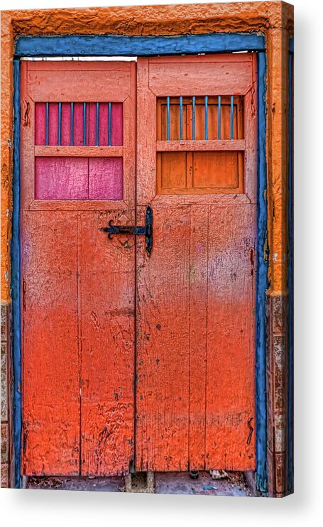 Wooden Door Acrylic Print featuring the photograph Orange door in Cozumel, Mexico by Tatiana Travelways