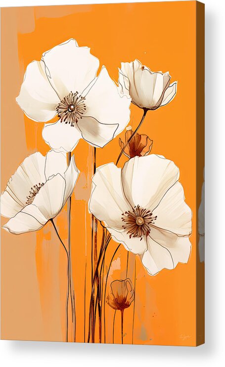 White Flowers On Burnt Orange And Turquoise Background Acrylic Print featuring the painting Orchids Art - Minimalist Burnt Orange Background by Lourry Legarde
