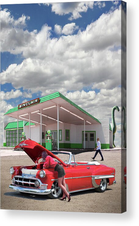 54 Chevy Belair Acrylic Print featuring the photograph Over heating at the Sinclair Station V by Mike McGlothlen