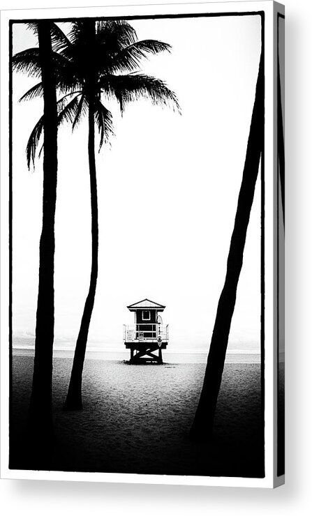 Hollywood Beach Acrylic Print featuring the photograph Palm Silhouette and Lifeguard Tower on Empty Hollywood Beach Fort Lauderdale Florida Black and White by Shawn O'Brien
