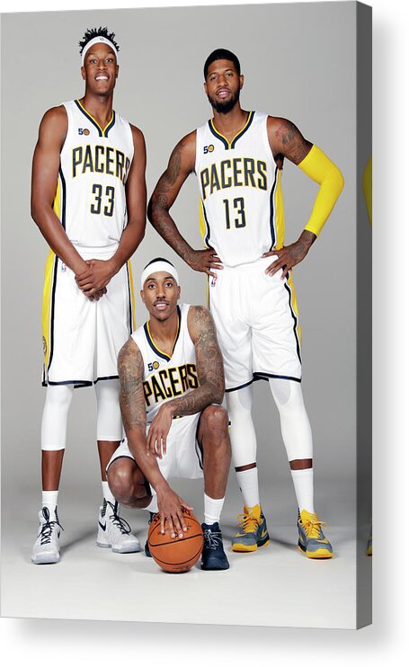 Media Day Acrylic Print featuring the photograph Paul George, Myles Turner, and Jeff Teague by Ron Hoskins