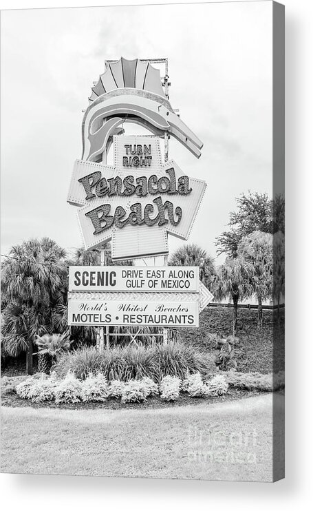 2018 Acrylic Print featuring the photograph Pensacola Beach Sign Black and White Photo by Paul Velgos
