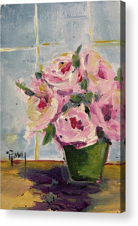 Pink Roses Acrylic Print featuring the painting Pink Roses by the Window by Roxy Rich