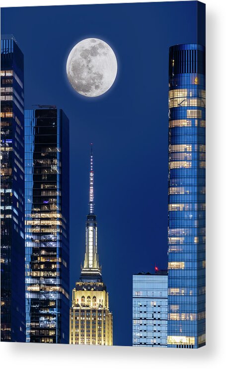 Nyc Skyline Acrylic Print featuring the photograph Pink Super-Moon Over NYC by Susan Candelario