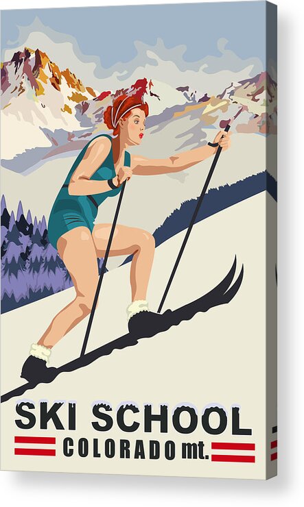 Pinup Acrylic Print featuring the digital art Pinup Girl on Ski School at Colorado Mountains by Long Shot