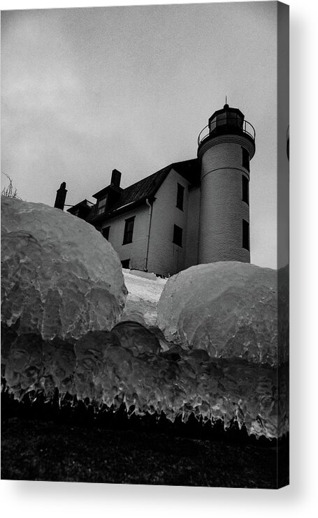 Lighthouse Lake Michigan Acrylic Print featuring the photograph Point Betsie Lighthouse low view in black and white by Eldon McGraw
