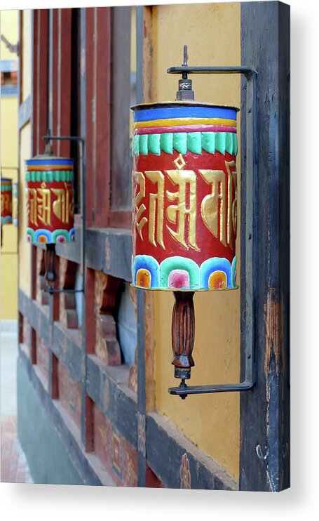 Bhutan Acrylic Print featuring the photograph Prayer wheels repeating mantra Om mani padme um by Steve Estvanik