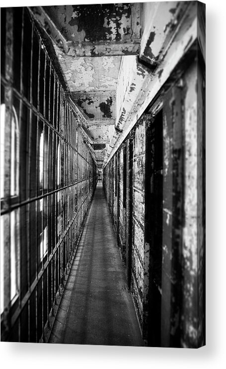 Vintage Textured Prison Cells Acrylic Print featuring the photograph Prison Blues Black And White by Dan Sproul