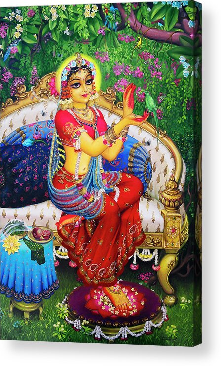 Krishna Acrylic Print featuring the painting Radha with parrot by Vrindavan Das