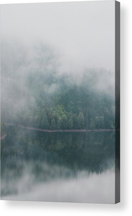 Climate Acrylic Print featuring the photograph Rainy and foggy morning at the Sance Dam. Reflection of deciduous forest on the water surface. Autumn weather. Beskydy mountains, Czech republic. Green colour by Vaclav Sonnek