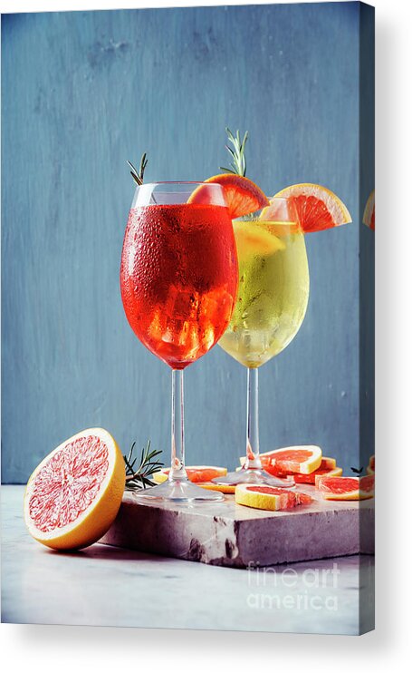 Aperol Acrylic Print featuring the photograph Red and white aperol spritz garnish in wine glasses by Jelena Jovanovic