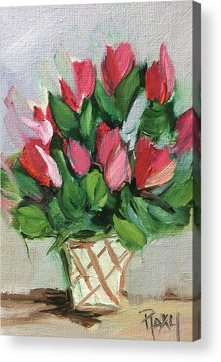 Flowers Acrylic Print featuring the painting Red Flowers in a White Basket by Roxy Rich