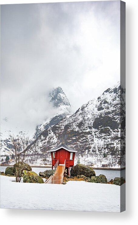 #norway #lofoten #landscape #nature #cabin #mountain #outdoor #snow Acrylic Print featuring the photograph Red Hot Spot by Philippe Sainte-Laudy
