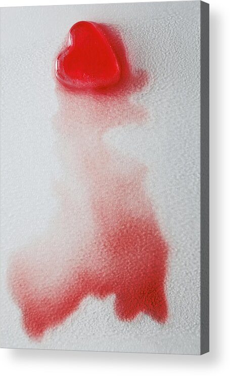 Dissolving Acrylic Print featuring the photograph Red Ice-cube Heart Melting On Frosted Glass by Andrew Bret Wallis