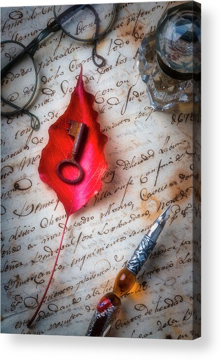 Red Leaf Acrylic Print featuring the photograph Red Leaf And Old Key by Garry Gay