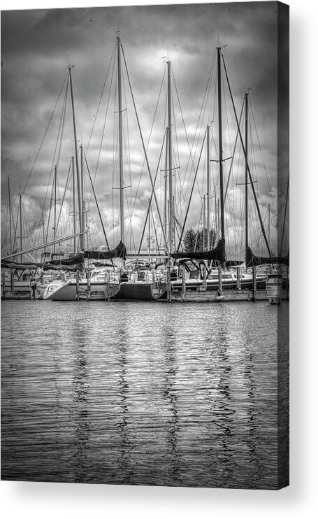 Boats Acrylic Print featuring the photograph Reflections and Boats at the Harbor in Black and White by Debra and Dave Vanderlaan