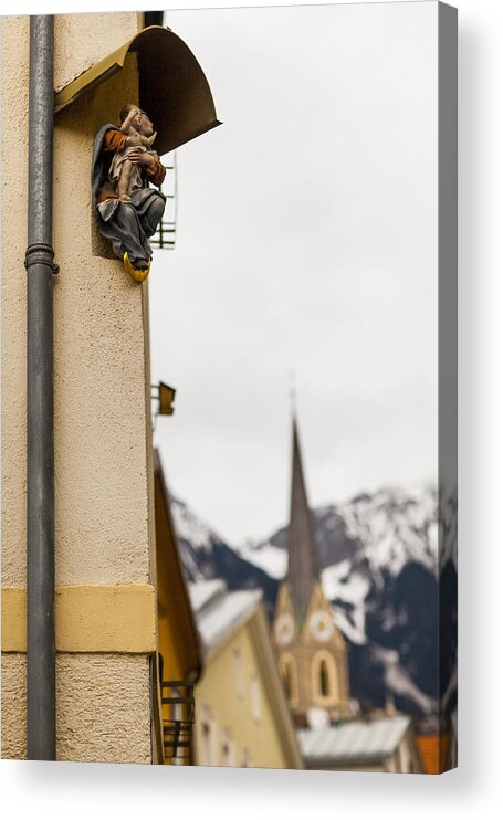 Snow Acrylic Print featuring the photograph Religious sculptures on street corners by Merten Snijders
