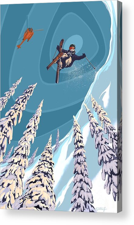 Retro Ski Art Acrylic Print featuring the painting Retro Ski Jumper Heli Ski by Sassan Filsoof
