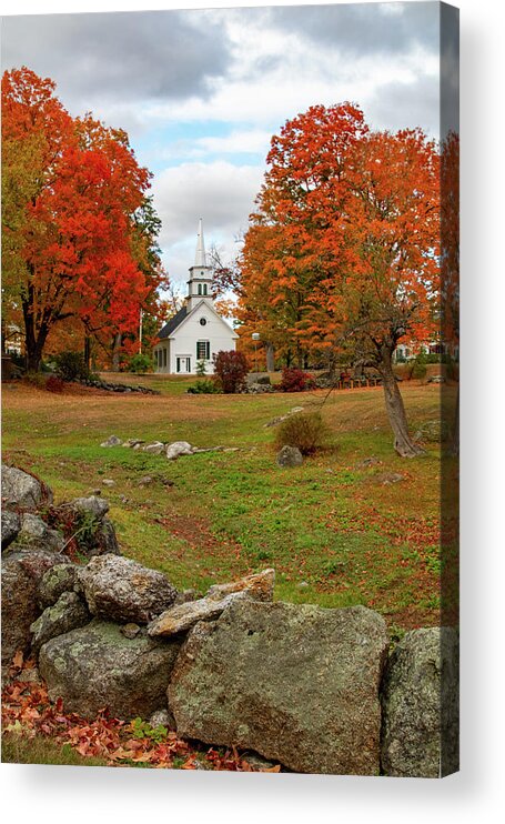 Hillsboro Church In Fall Colors Acrylic Print featuring the photograph Rock wall before the Hillsboro Church by Jeff Folger