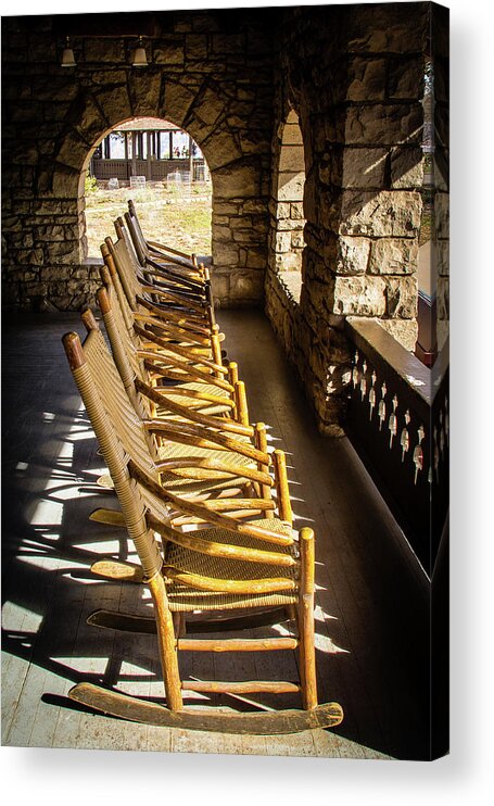 Canyon Acrylic Print featuring the photograph Rocking chairs on the El Tovar porch by Craig A Walker