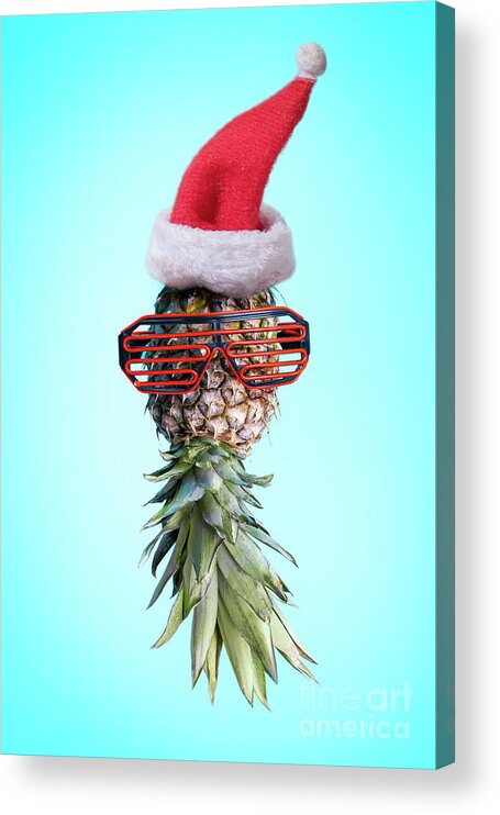 Pineapple Acrylic Print featuring the photograph Santa ananas. Funky pop art minimal christmas in summer concept. by Jelena Jovanovic