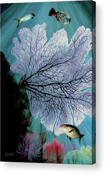 #ocean #seafan #fish #coral #sunlight #alive # #colors Acrylic Print featuring the painting Sea Fan And Friends by June Pauline Zent